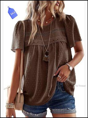 Boho Crewneck Chiffon Blouse with Lace Hem, Short Sleeve Tunic Top
